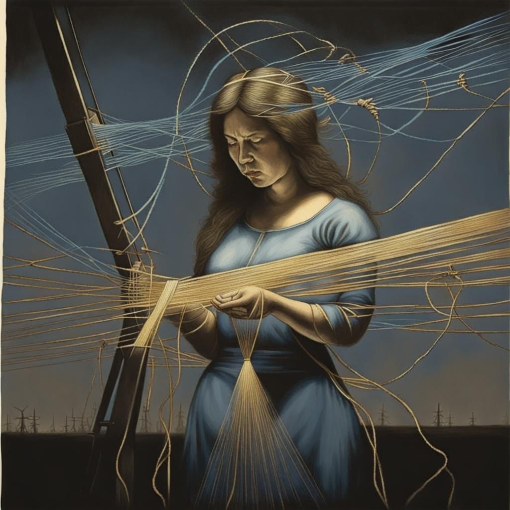 Mezzotint of Woman Weaving Power Lines