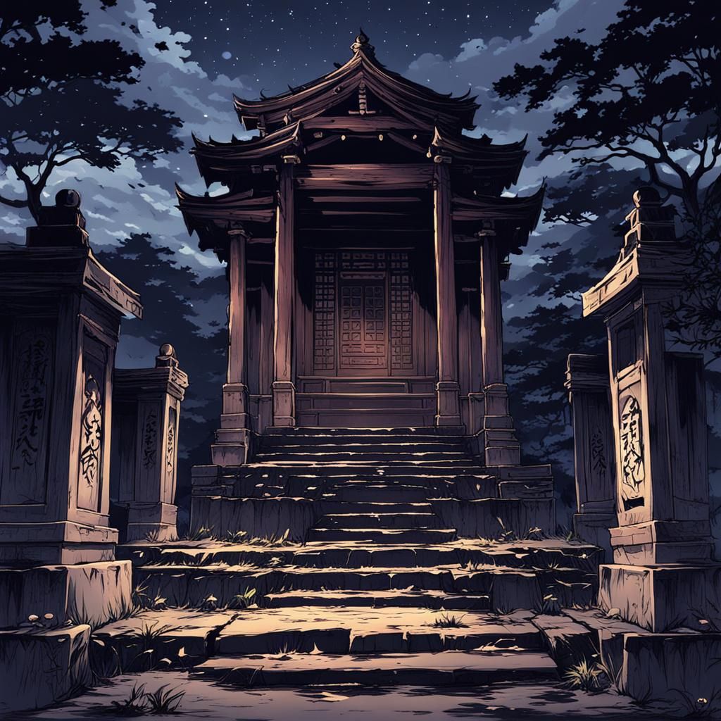 Haunted Shrine at Night in Anime Style