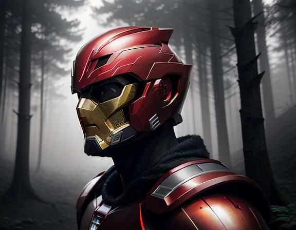 Red Power Ranger Patrolling Mystical Forest