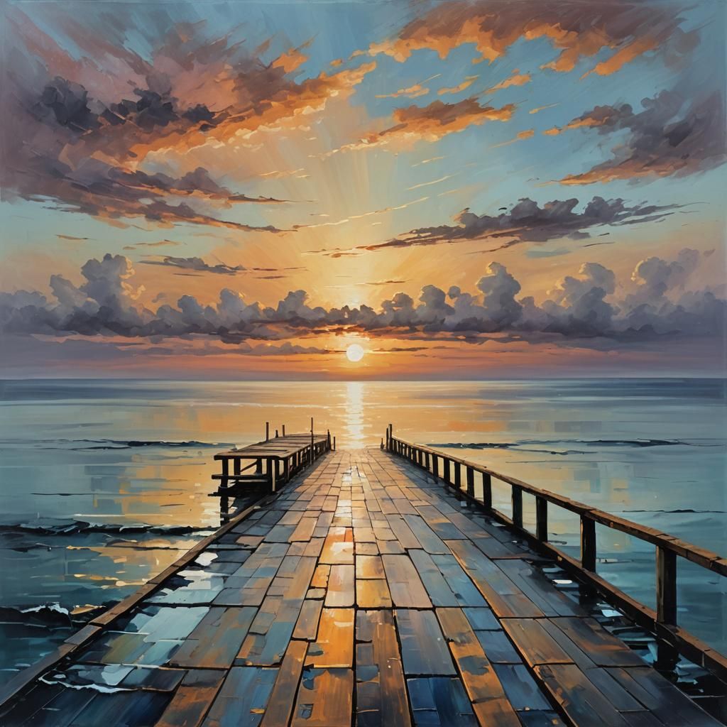 Abstract Oil Painting of Jetty at Sunset
