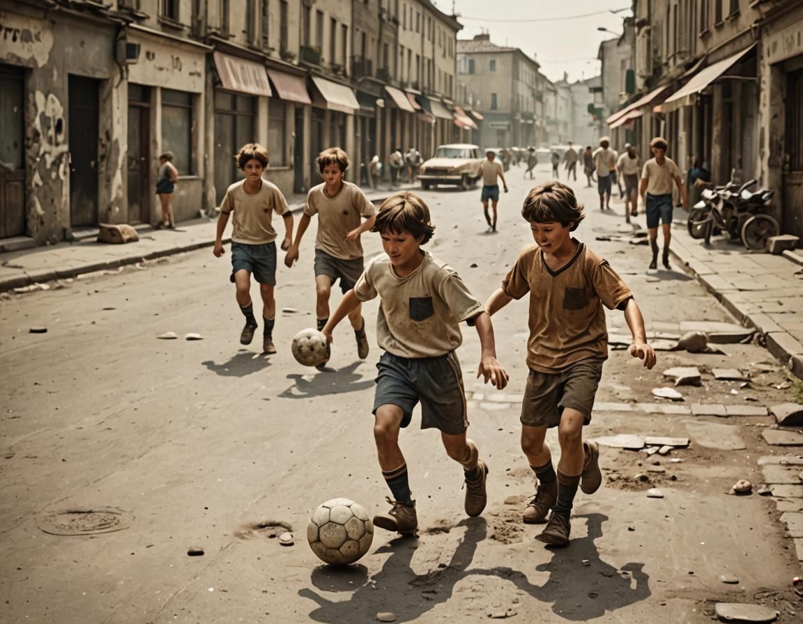 Boys Play Street Soccer in 70s Style
