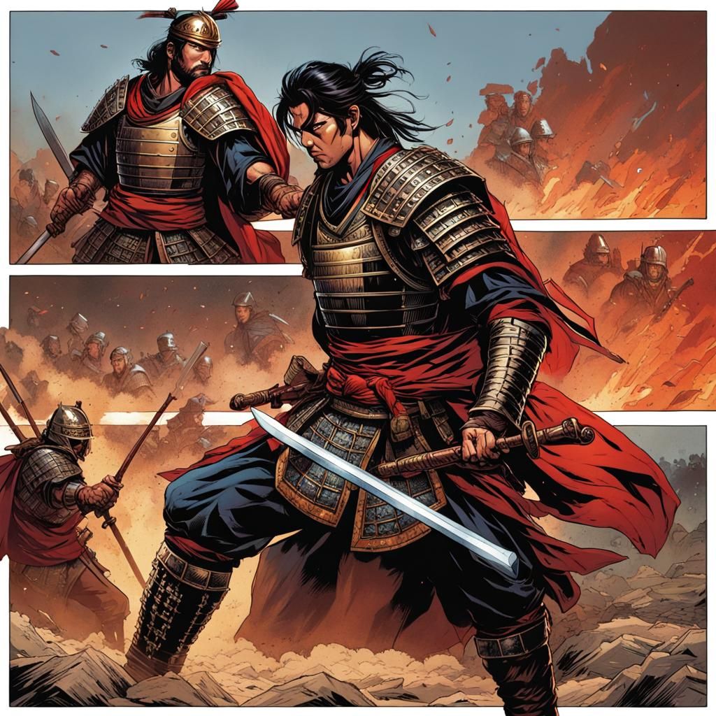 Samurai vs. Roman General Duel in Comic Book Style