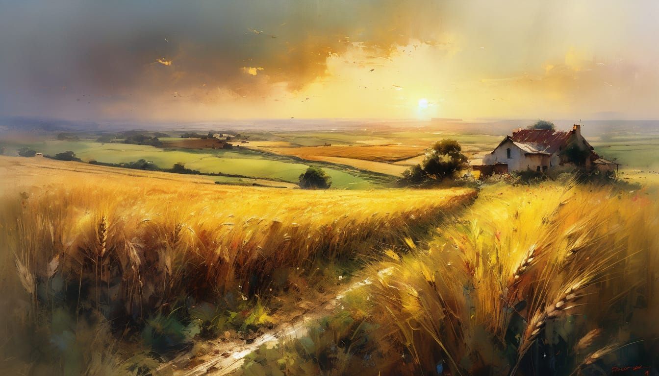 Watercolor Wheat Fields at Sunrise, Fine Art