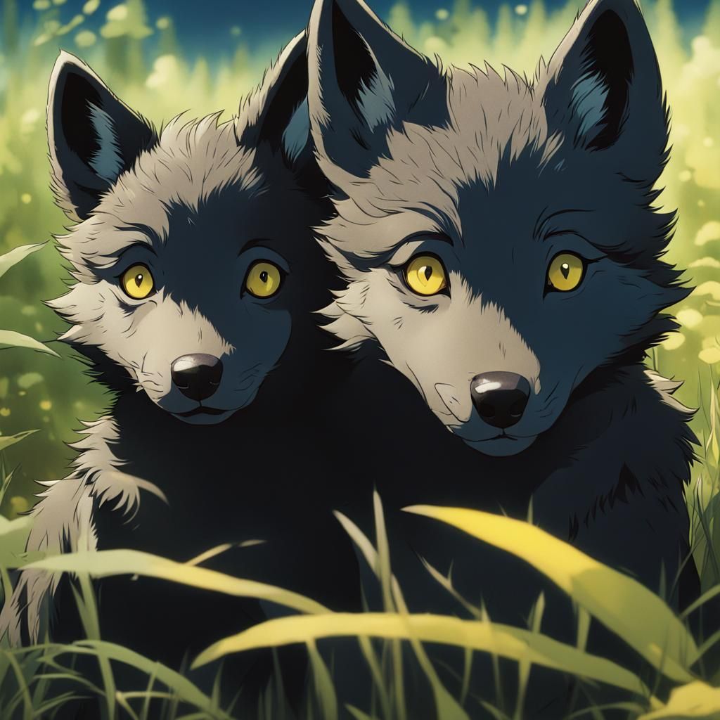 Wolf Pups with Yellow and Blue Eyes in Anime Style