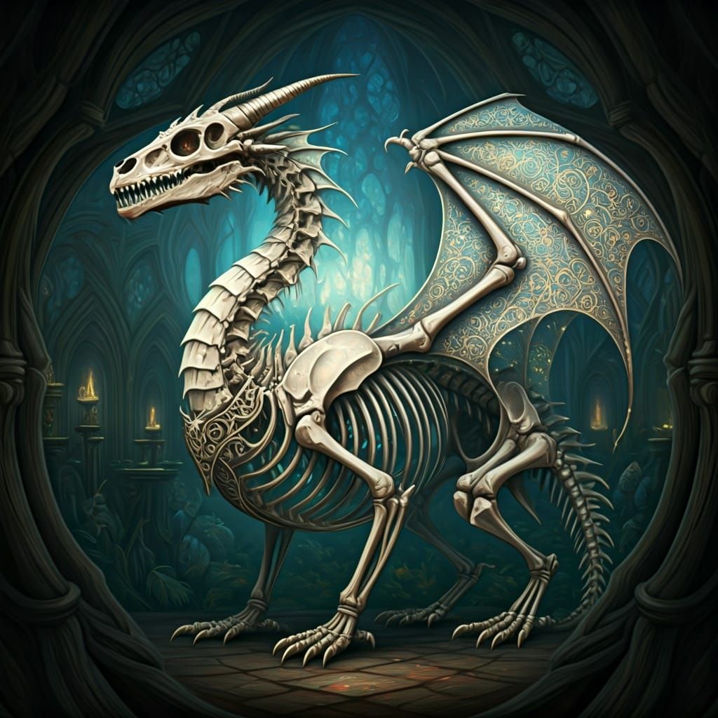 Iridescent Skeleton Dragon in Dreamy Fantasy Landscape