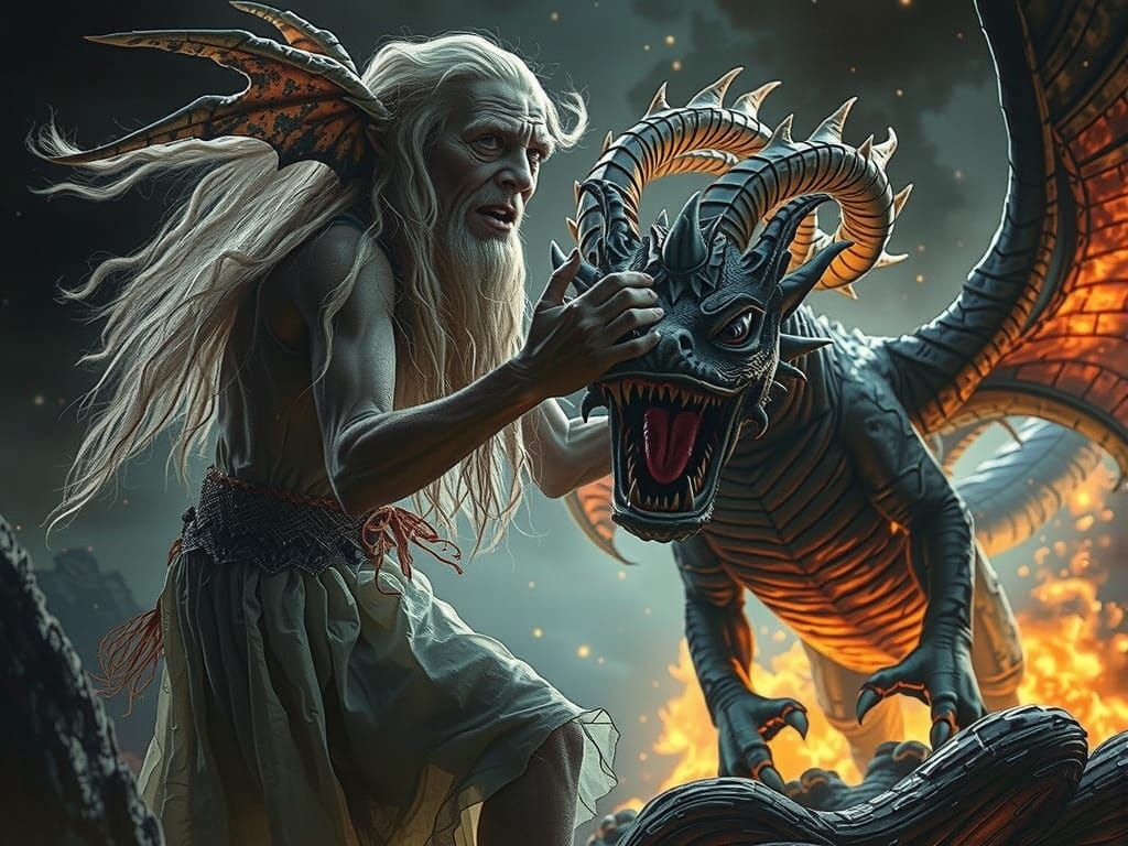 Troll Wrestles Dragon: A Vrubel-Inspired Portrait