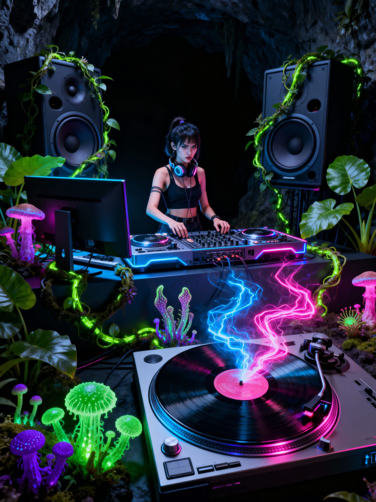 DJ Unleashes Bioluminescent Flora in Underground Studio