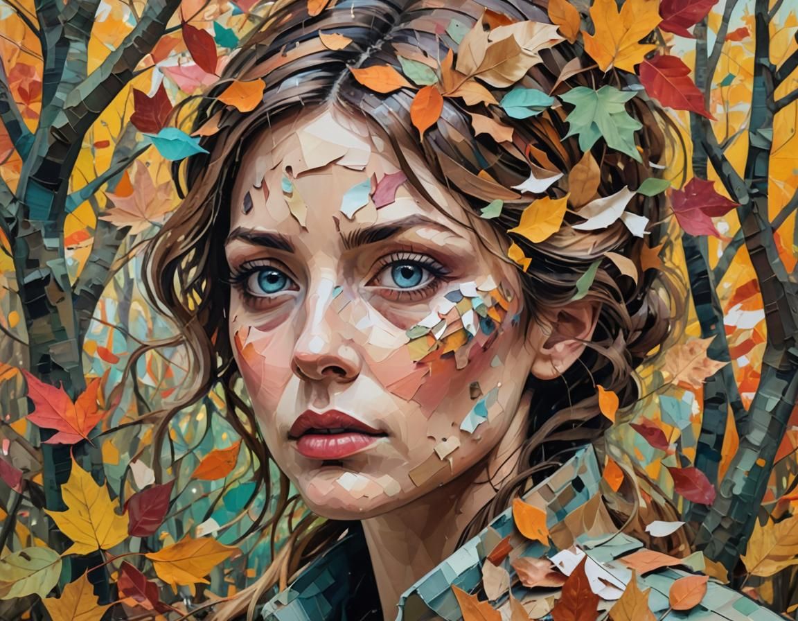 Surreal Woman's Face in Mystical Autumn Forest