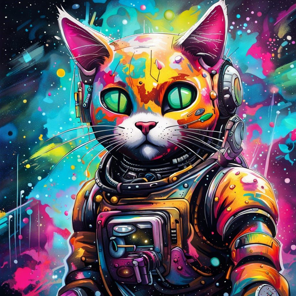 Robotic Cat in Space: Graffiti Art Style