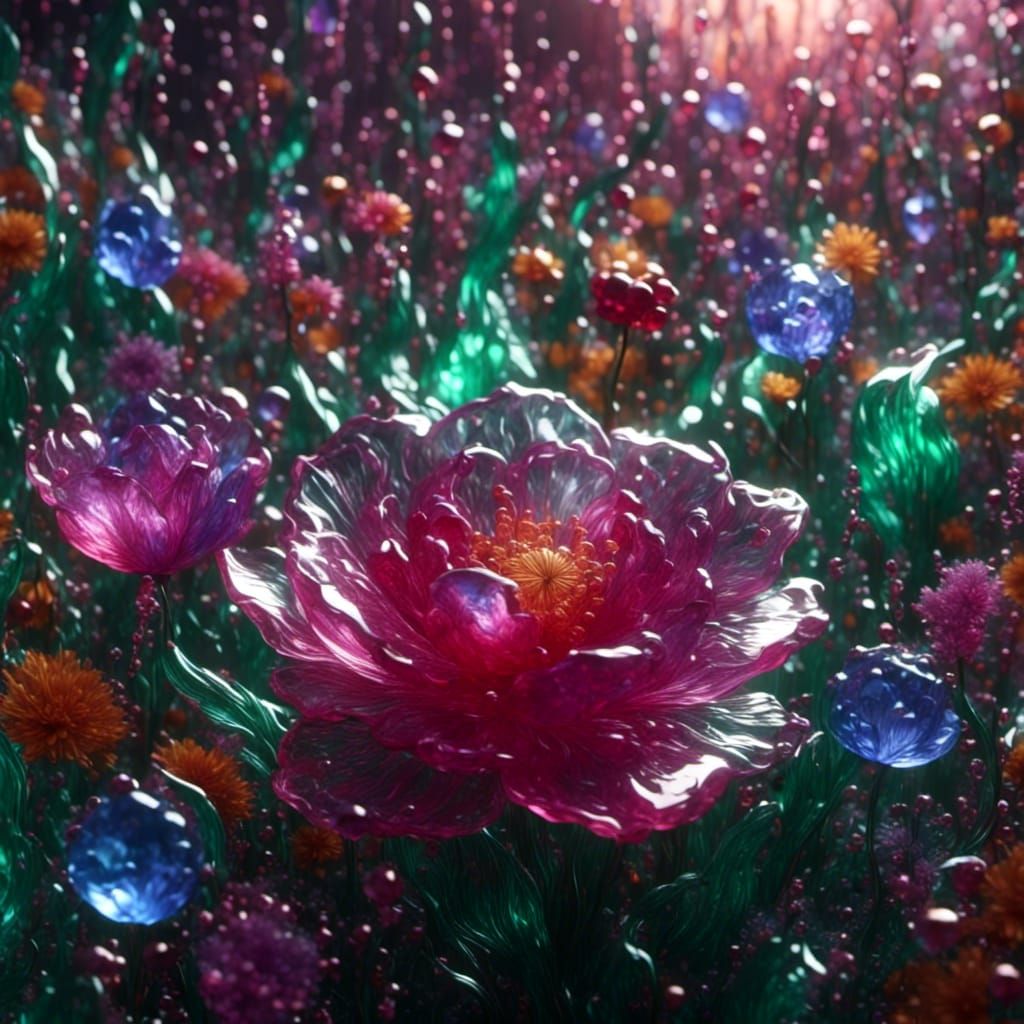 Glass Flower Garden with Gemstone Dew Drops