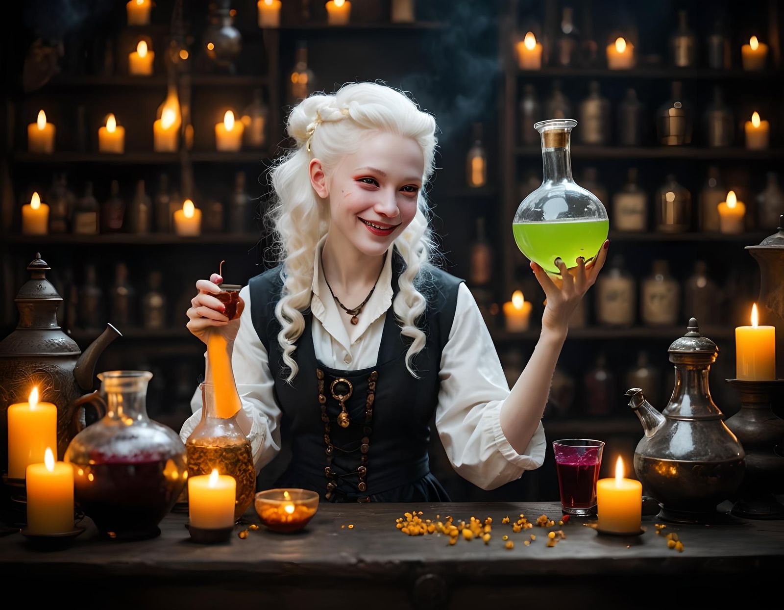 Albino Alchemist Woman Mixing Potions in Grimdark Style