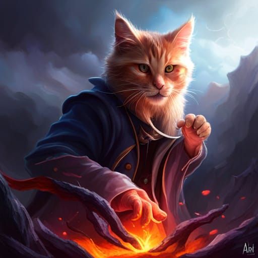 Anthro Cat Wizard Casting Spell in Detailed Digital Art