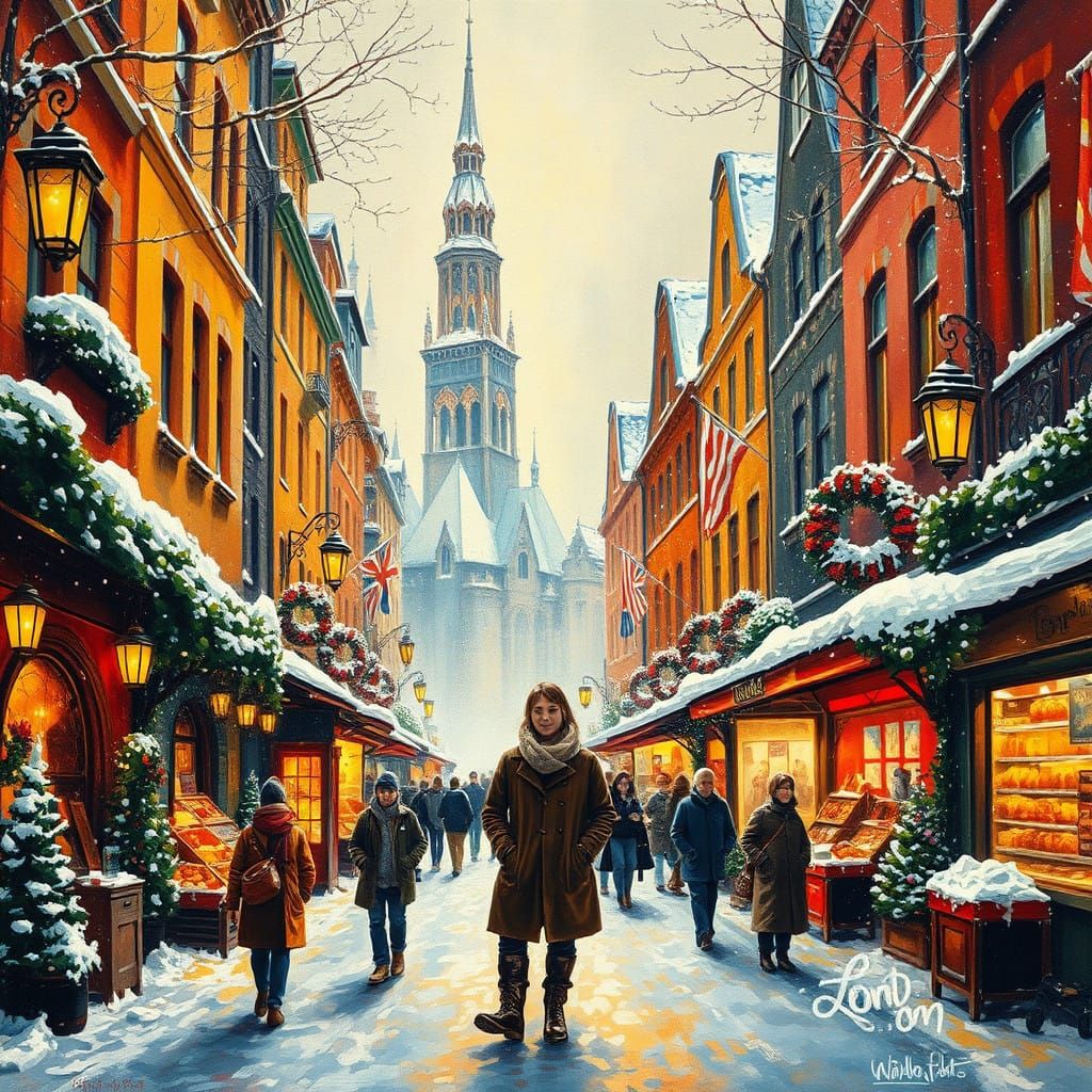 Winter Cityscape in Vibrant Gouache Style