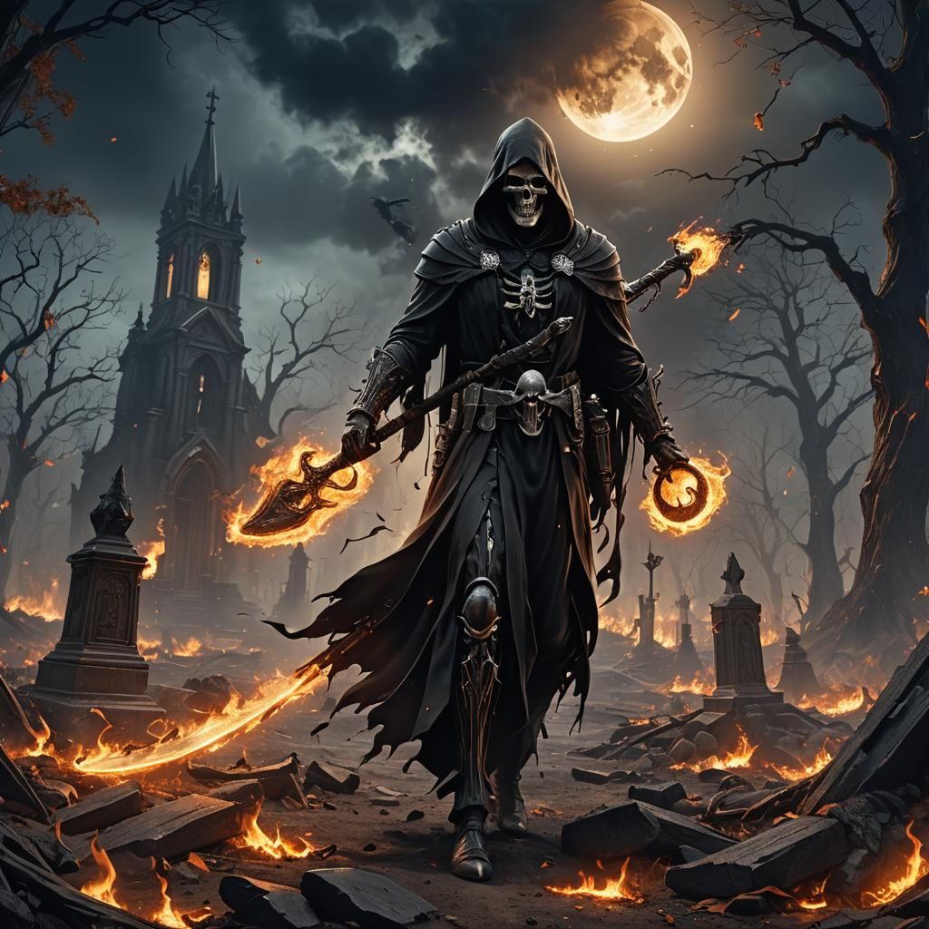 Grim Reaper Guides Souls in a Fantasy Landscape