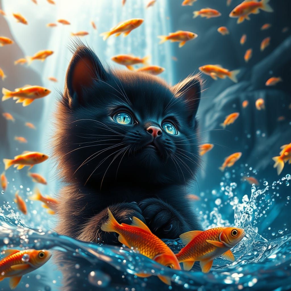 Mystical River Realm with Shimmering Kitten