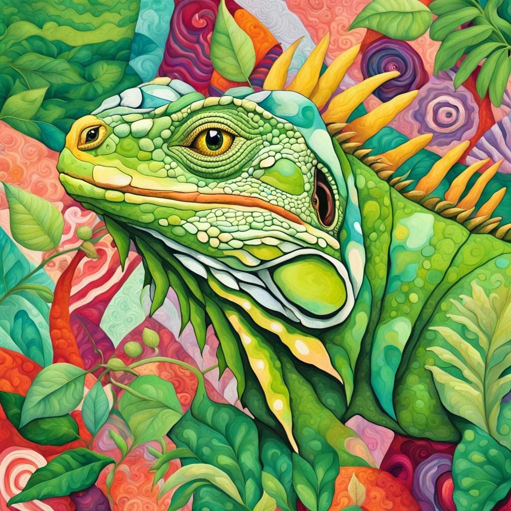 Patchwork Iguana Portrait in Rainforest Wonderland