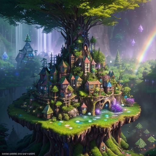 Shimmering Magical Micro Forest Village in Sunlight