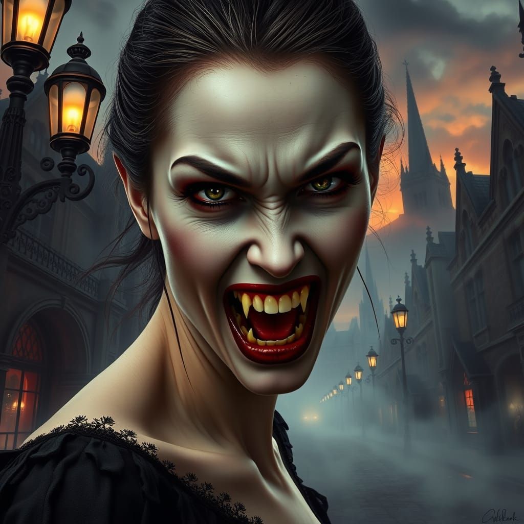 Gothic Vampire Unveiled on a Victorian Street at Dusk