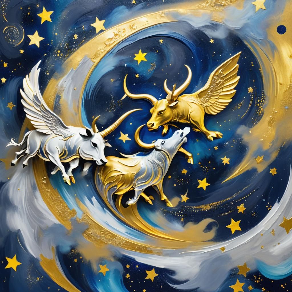 Gold and Silver Bulls Fly to Moon in Abstract Mural