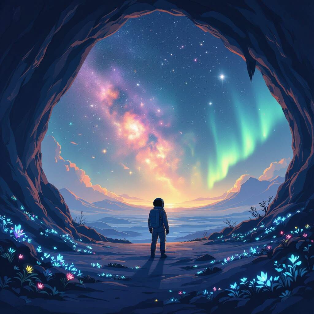 Astronaut Gazes at Nebula Sky from Crystal Cave