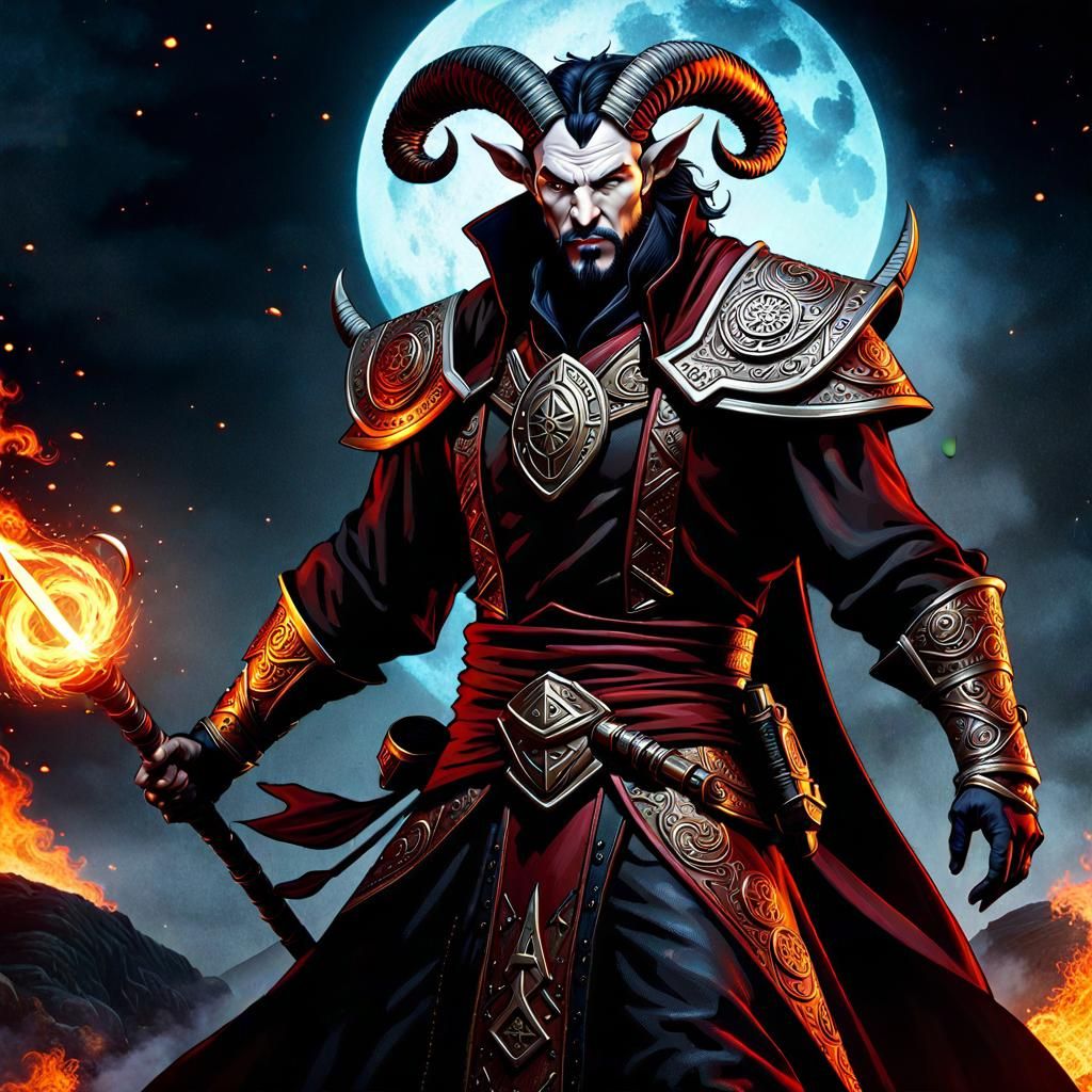 Tiefling Devil Wizard with Arcane Runes, Digital Art