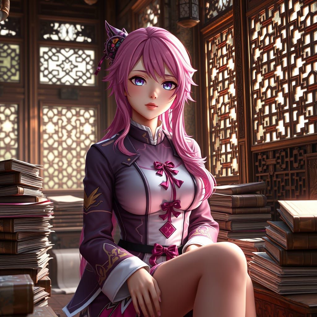 Surreal Fantasy Goddess Amidst Ancient Temple Texts in Vibra...