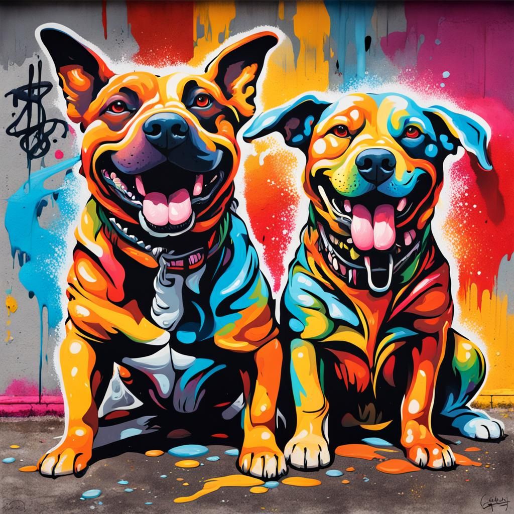 Two Happy Dogs in Graffiti Street Art