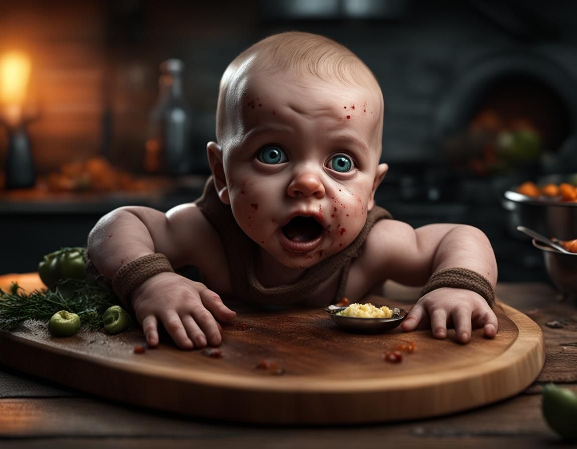 Sinister Baby on Cutting Board: Horror Photography