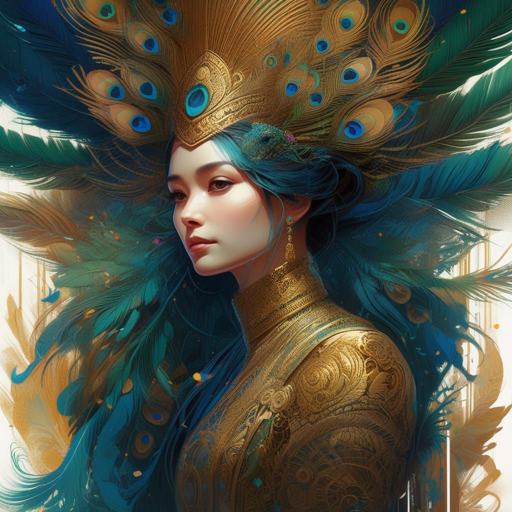 Peacock Queen Digital Painting with Golden Outlines