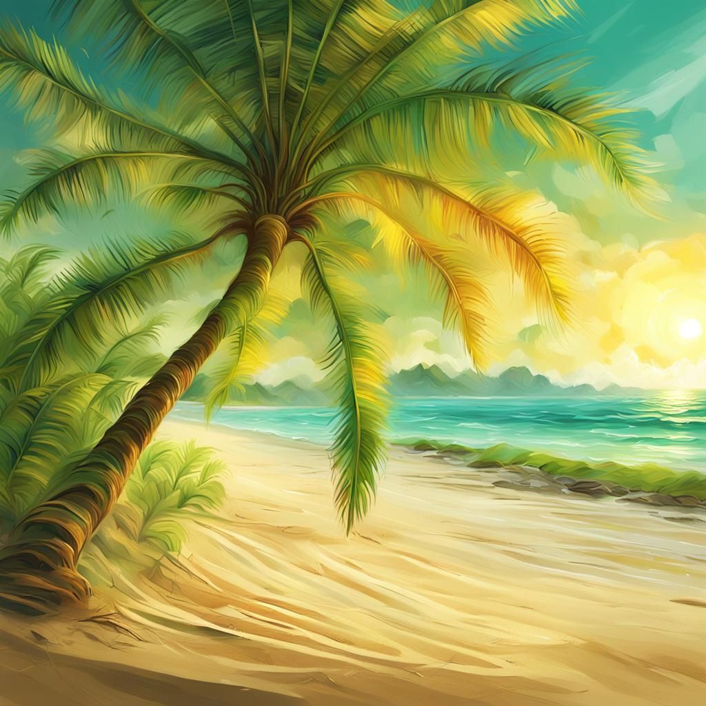 Tropical Palm Tree on Sunny Beach: Digital Painting