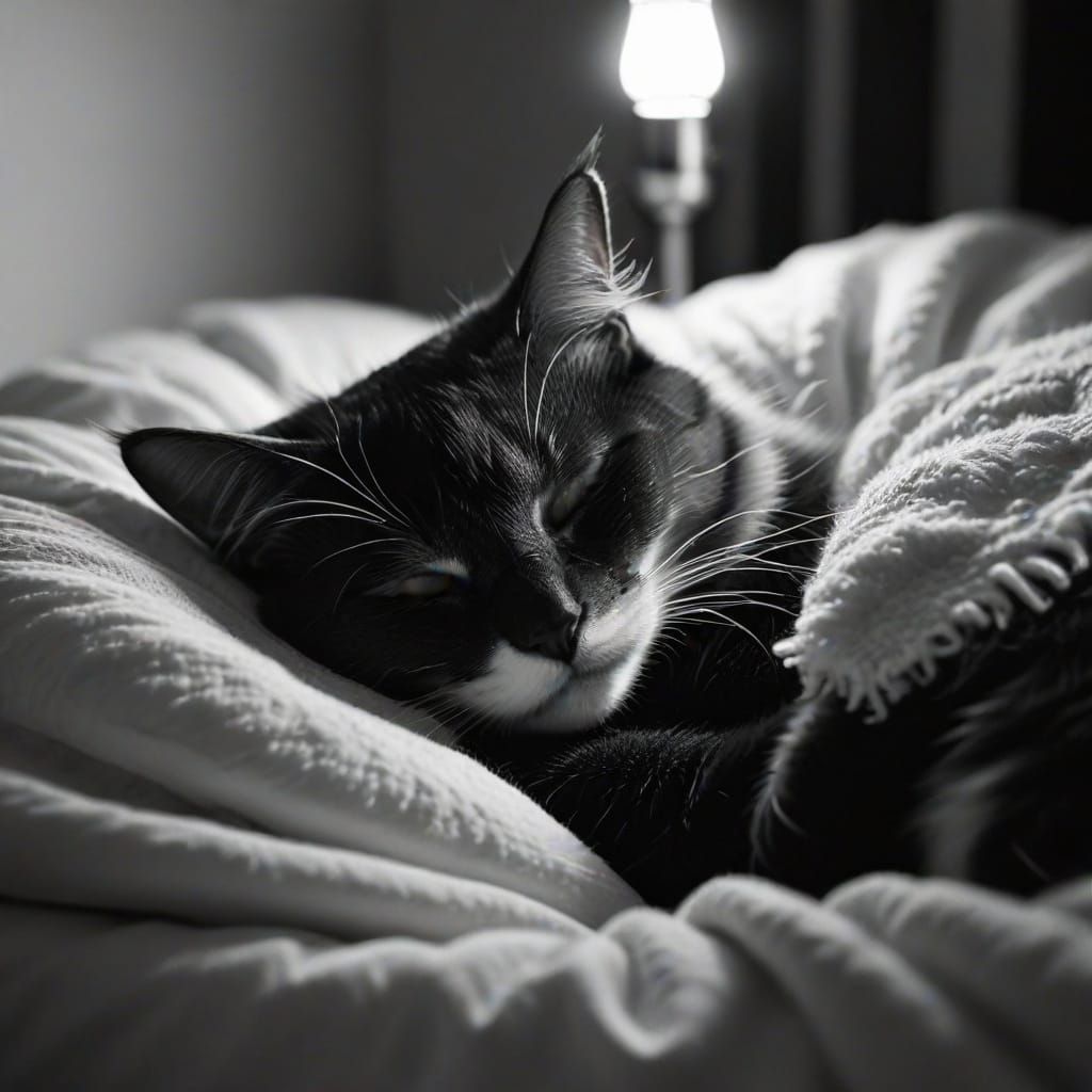 Monochrome Cat Nap in Film Noir Style