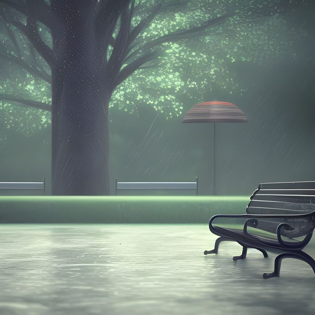 Lonely Bench in Rainy Park: Detailed Matte Painting
