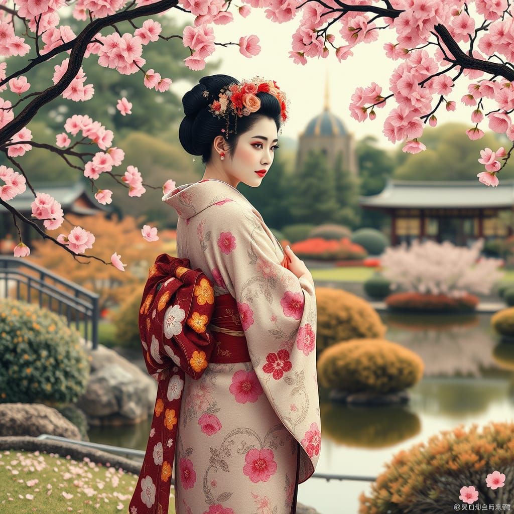 Geisha in Kimono in Tranquil Garden