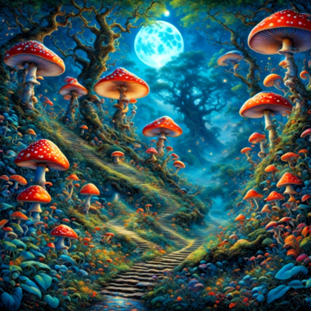 Magical Mushroom Forest Under Bioluminescent Moon