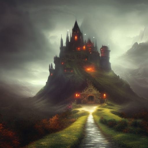 Fantasy Castle on Hill in Detailed Matte Painting