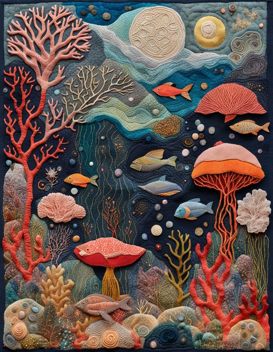 Mystical Coral Reef Fabric Collage as Vintage Art
