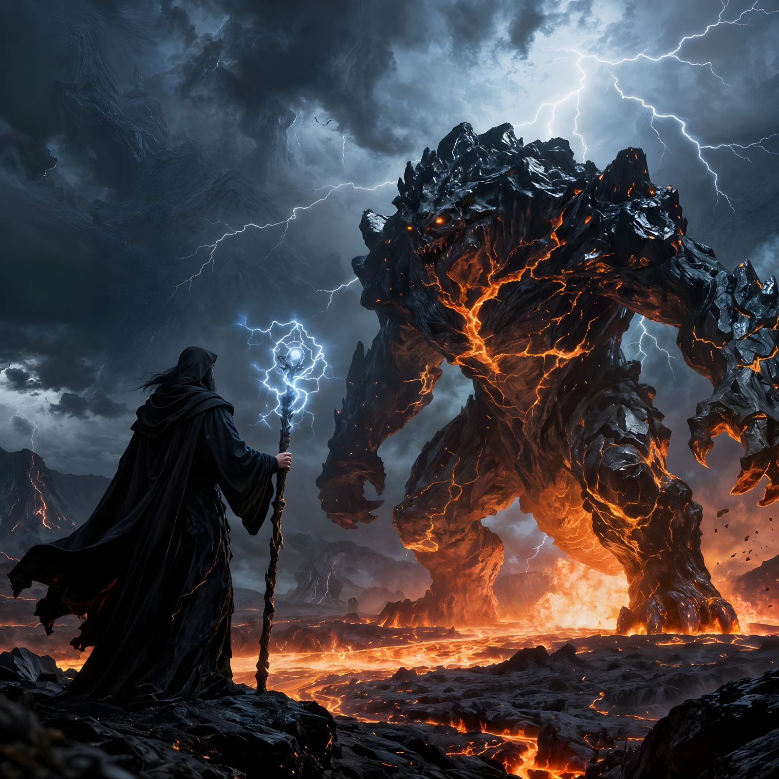 Wizard Battles Obsidian Rock Giant in Volcanic Storm
