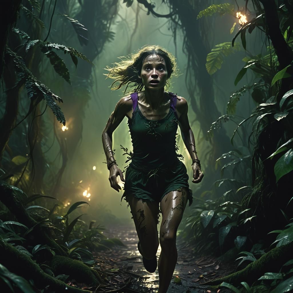 Terrified Woman Runs Through Dark Rainforest