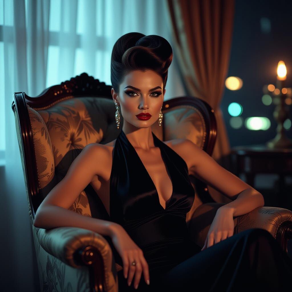 Elegant Woman in Vintage Chair Under Urban Night Glow