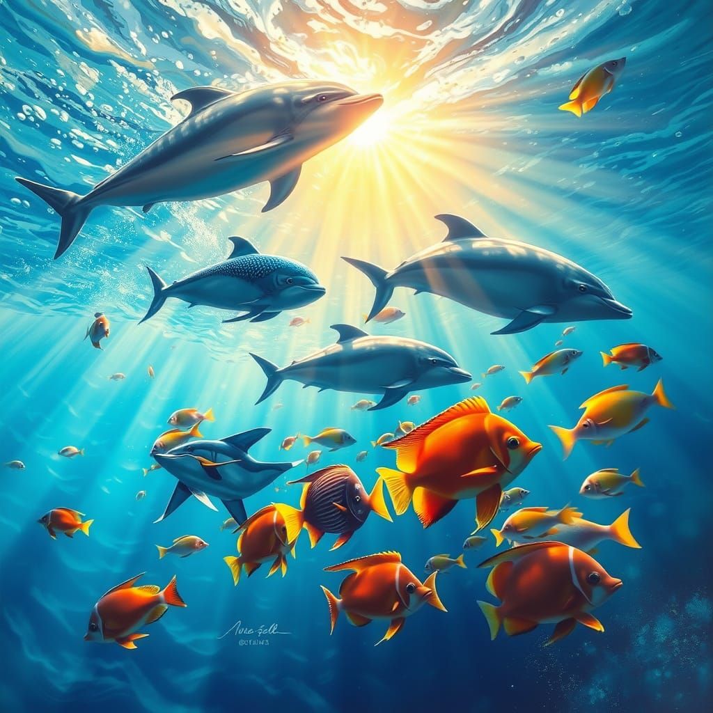 Dolphins and Exotic Fish in Sun-Dappled Ocean