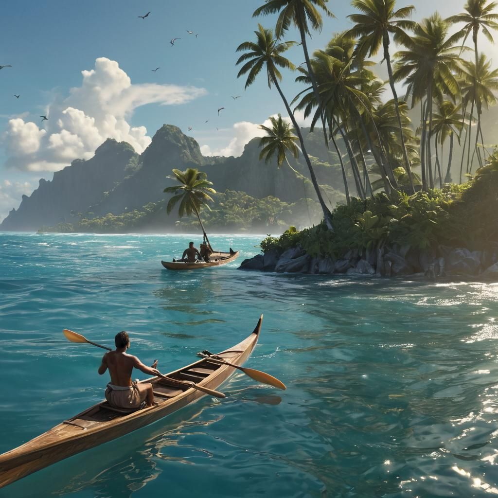 Pacific Outrigger Canoe with Dolphins: Matte Painting