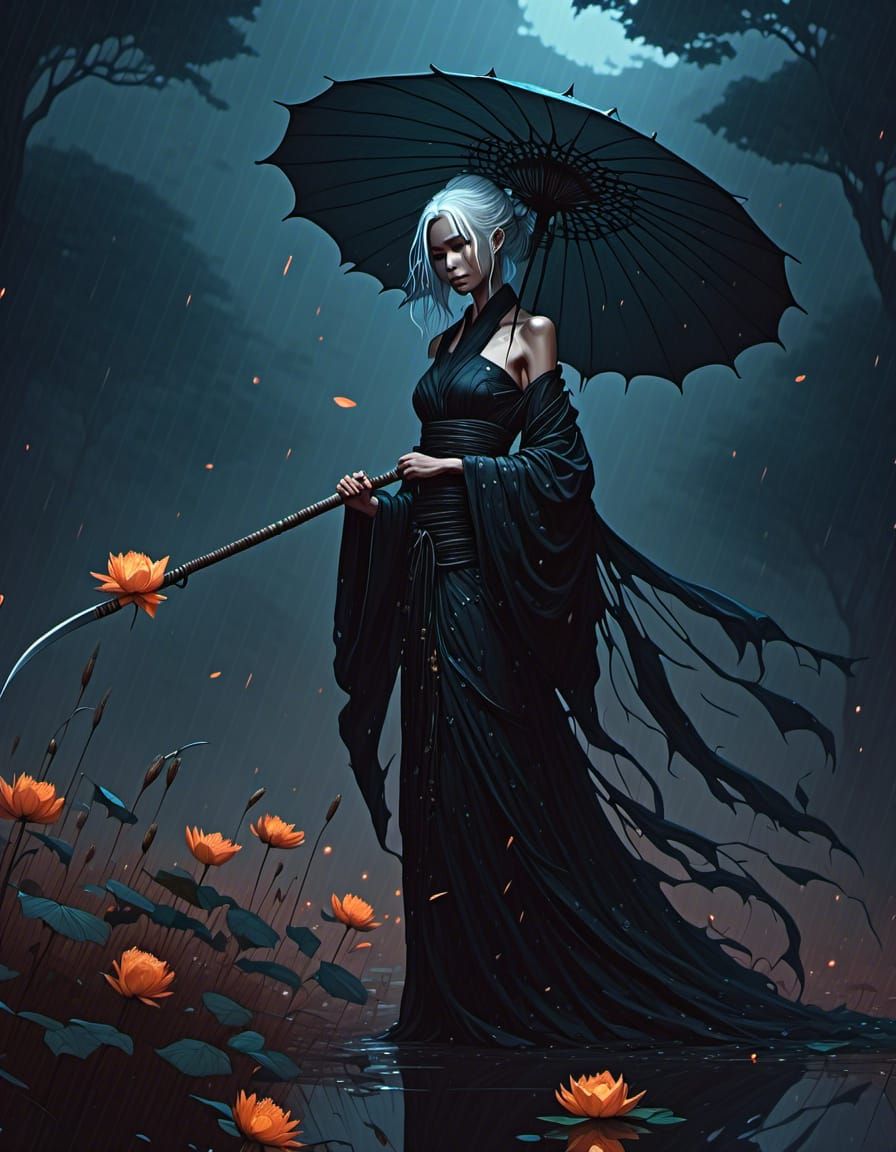 Dark Fantasy: Death Harvesting Black Lotus in Rain