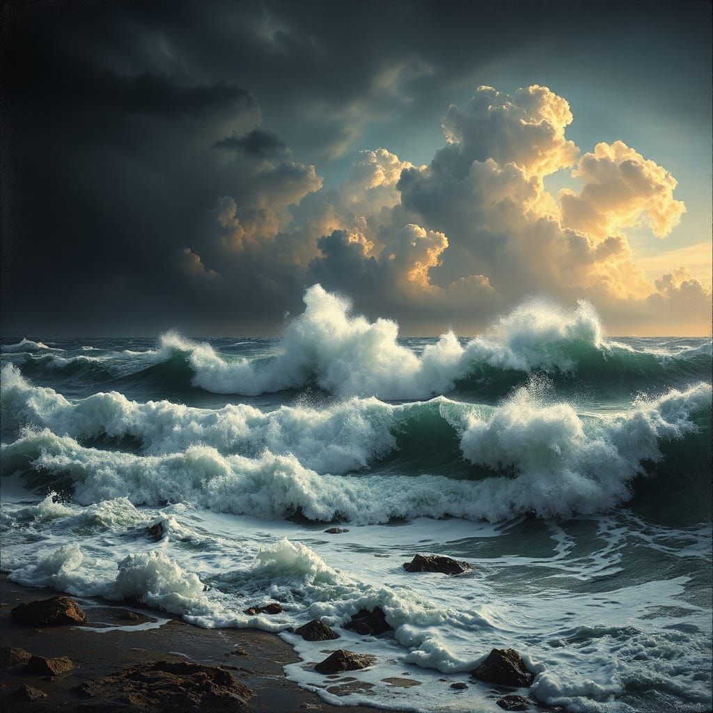 Raging Ocean at Night in Romanticism Style