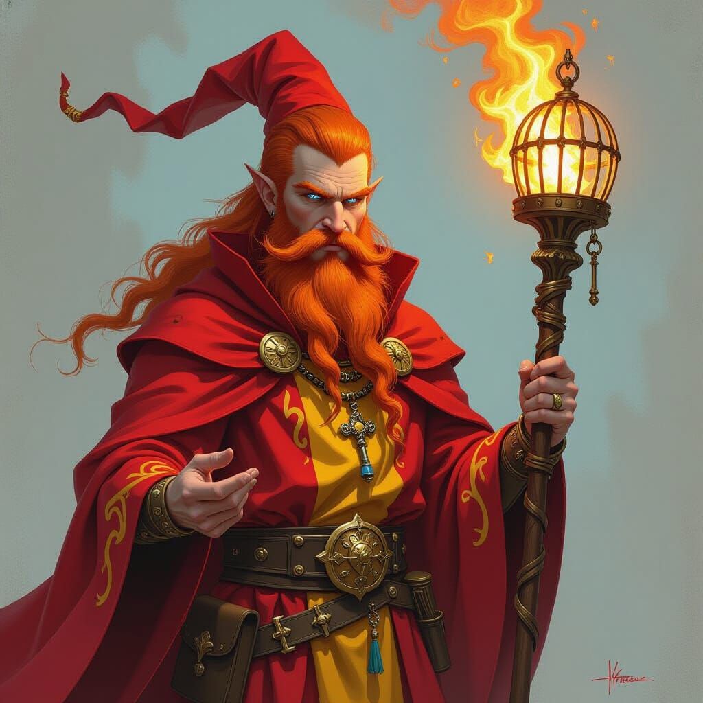 Male Pyromancer in Fiery Robes with Pointed Hair