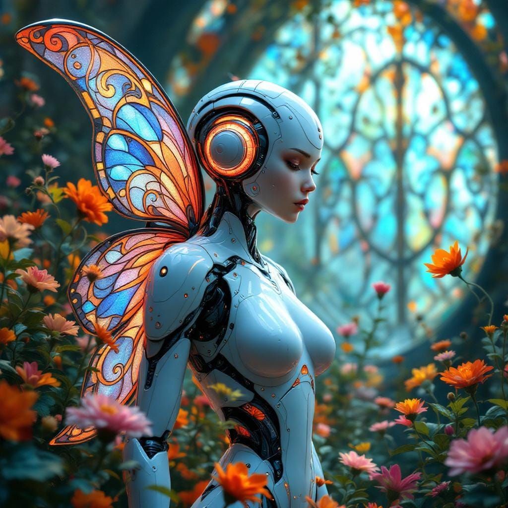 Robot with Stained Glass Wings in Flower Garden