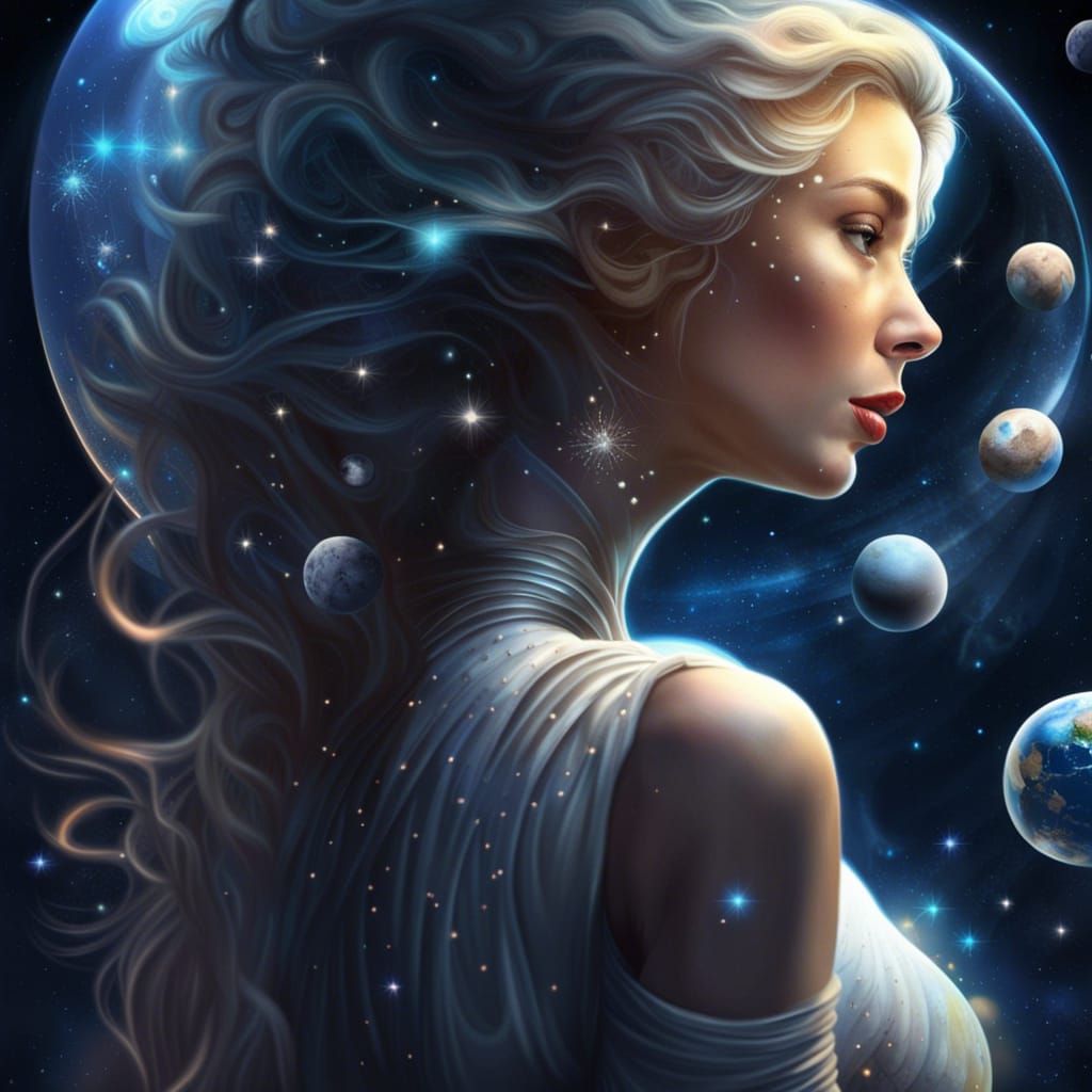 beautiful woman steps toward eternal silence in space stars bright future planets moons photorealistic detail good compo...