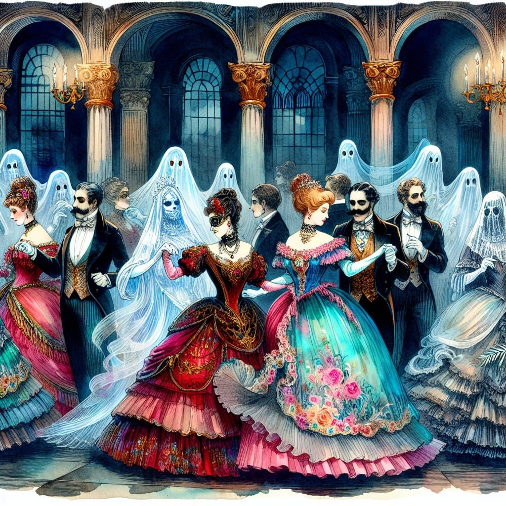Eerie Victorian Masquerade Ball in Watercolor Style