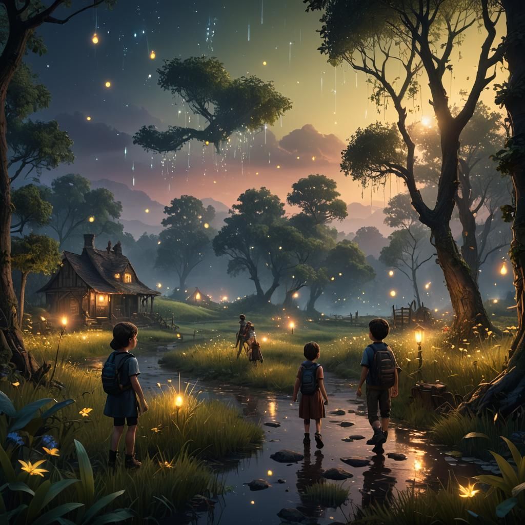 Fireflies and Children: A Fantastical Countryside Painting