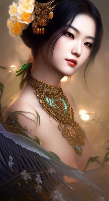 Steampunk Asian Goddess with Floral Tiara, 3D Render