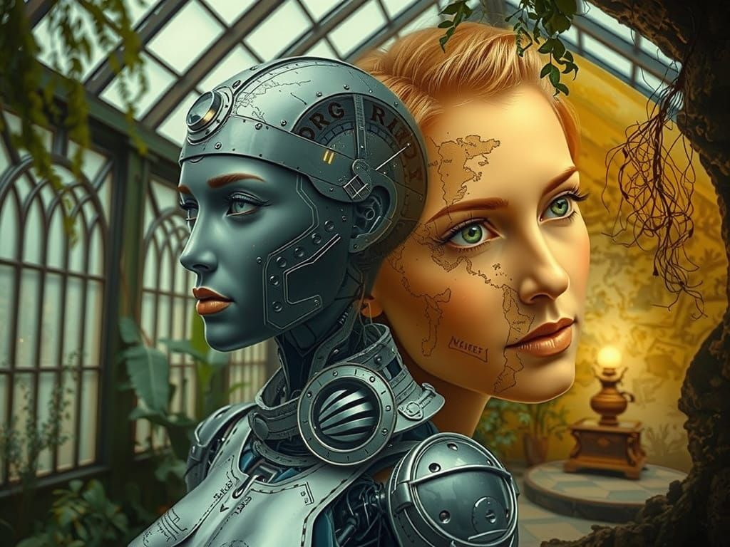 Robotic Adventurer in Overgrown Victorian Glasshouse
